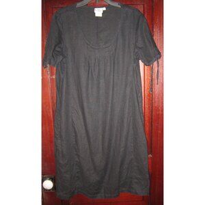 Hot Cotton Size L 100% Linen Dress Black Midi Pintucked Pockets Short Sleeve